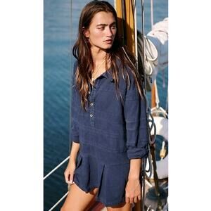 Free People Free-est MED "Checkin In" Mini Dress / Tunic Long Sleeve Iris Blue
